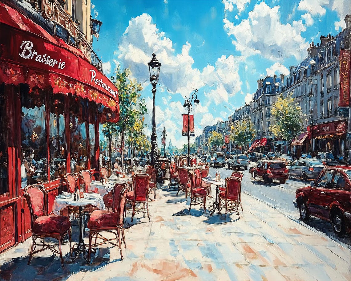 Paris Brasserie Terrace Sunny Day Boulevard Street Scene Poster - Image 2
