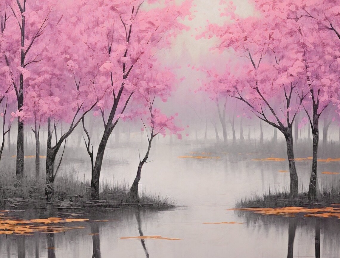 Pink Lake Landscape Oil Painting Traditional Chinese Wall Art Purple And Silver Nature Print Oriental Lake Scene Wall Art - Image 3