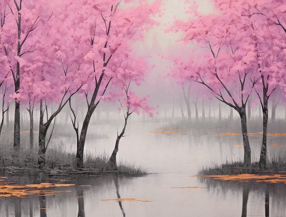 Serene Pink Blossom Trees Painting Misty Lake Reflection Poster - Image 3