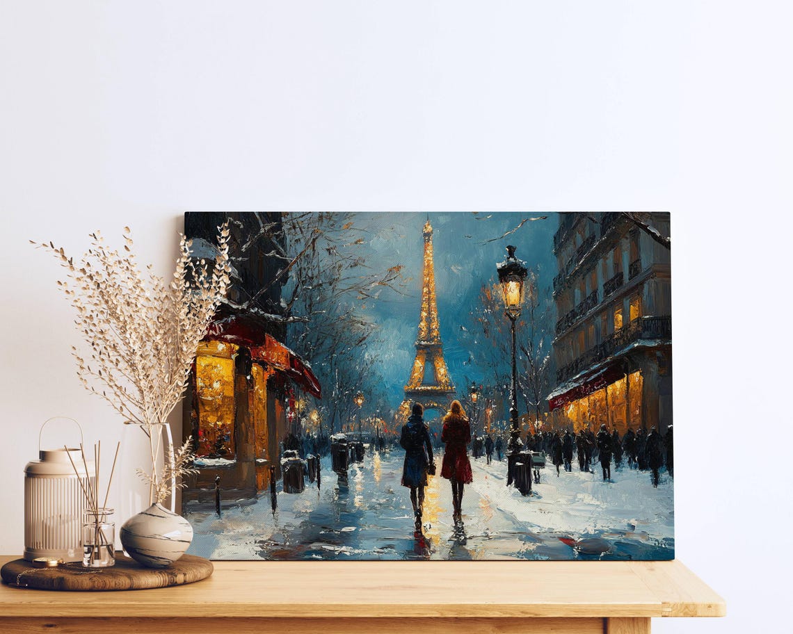 Eiffel Tower Paris Snowy Romantic Night Couple Stroll Poster - Image 3