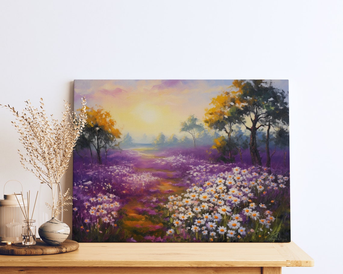 Purple Lavender Field Sunset White Daisies Golden Trees Scenic Poster