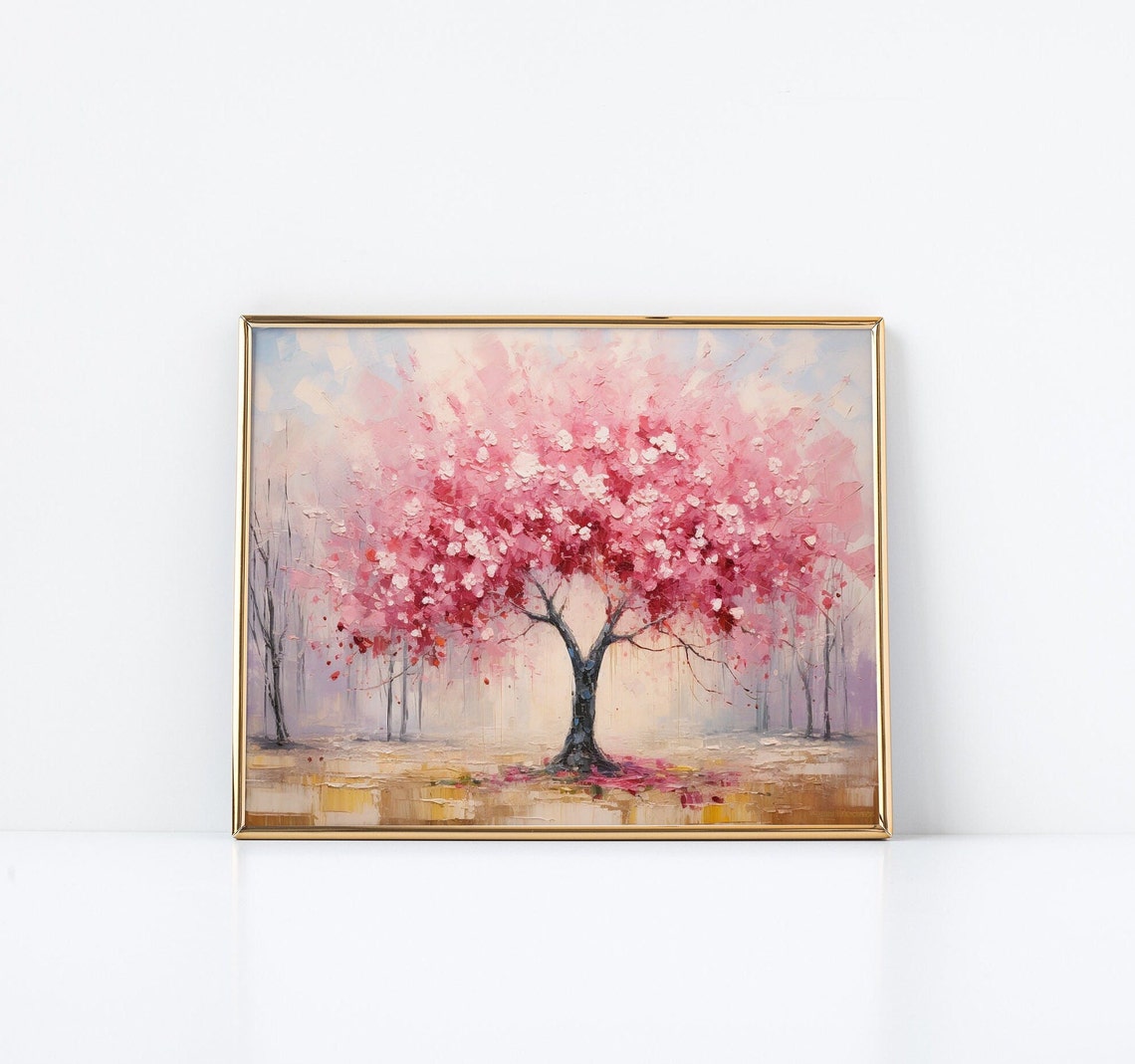 Pink Blossom Tree Alone In Misty Field Soft Spring Painting Poster - Image 3