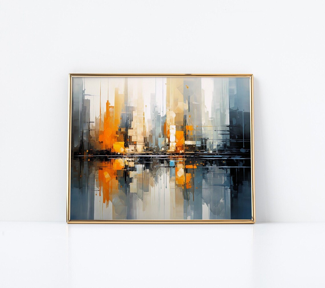 Abstract City Reflection Painting Gray Blue Orange Water Poster - Image 2