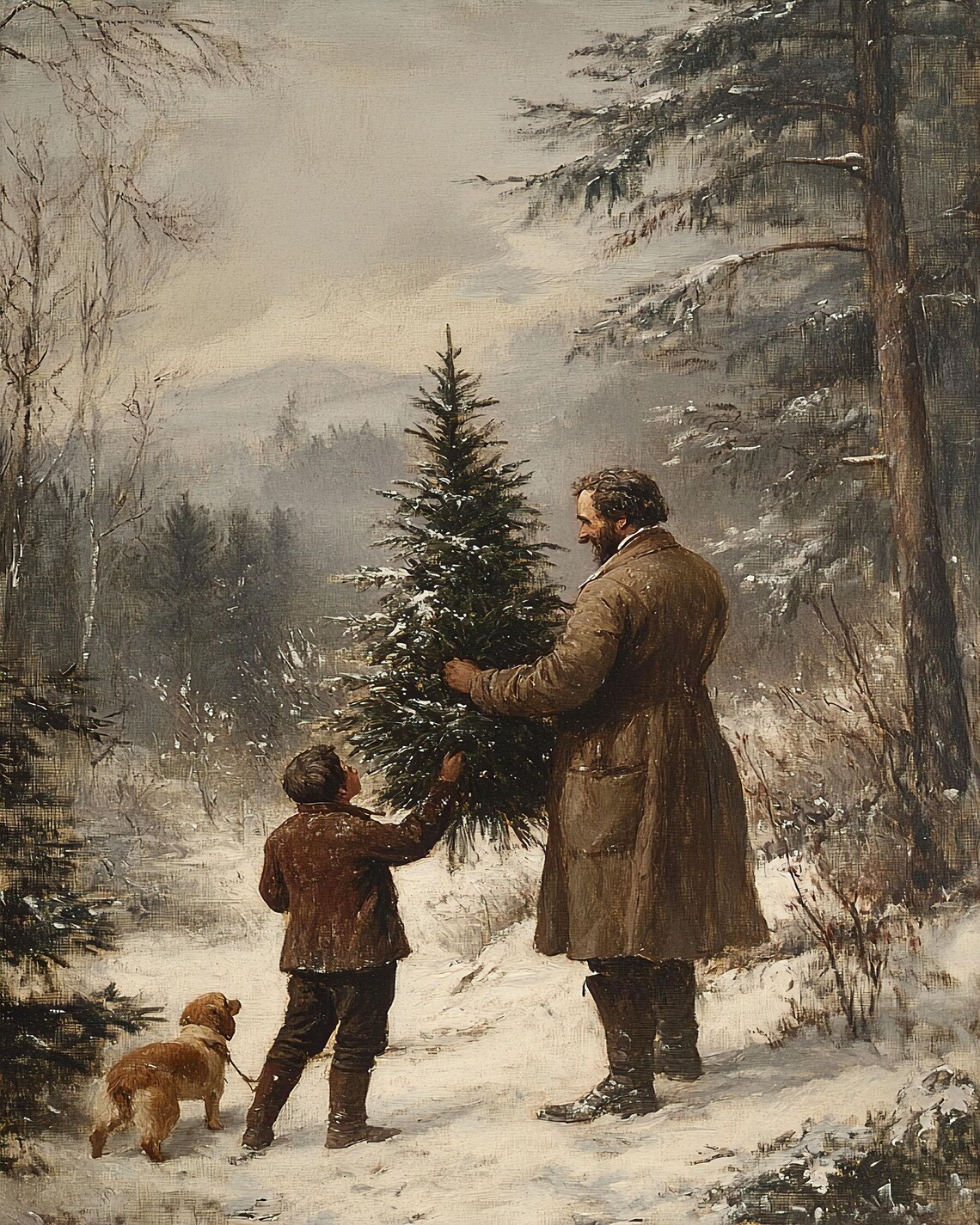 Father Son Christmas Tree Hunt Snowy Forest Vintage Art Poster - Image 2