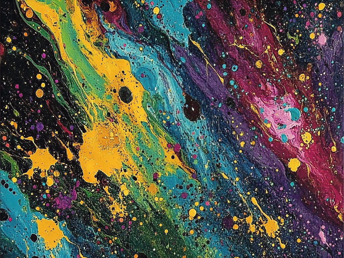 Vibrant Abstract Expressionist Paint Splatter Print Energetic Multi Color Swirl Art Trippy Modern Wall Decor With Gold Accents - Image 2