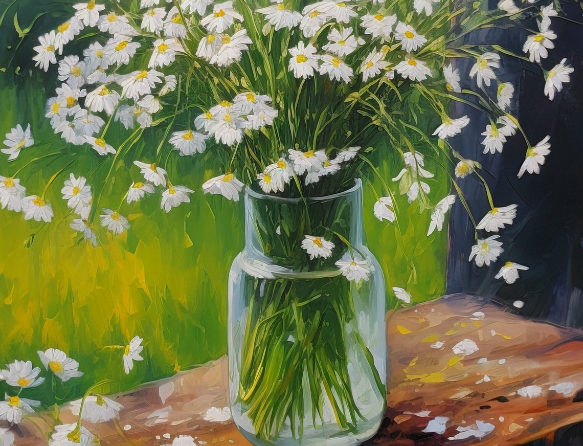 White Daisy Bouquet In Glass Jar Impressionist Window Painting Poster - Image 3