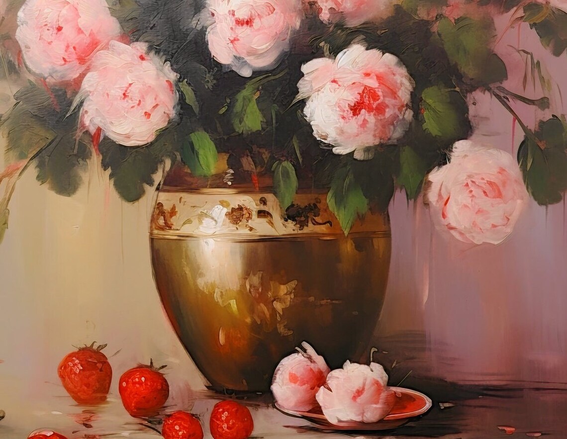 Pink Roses Gold Vase Strawberries Still Life Painting Poster - Image 3