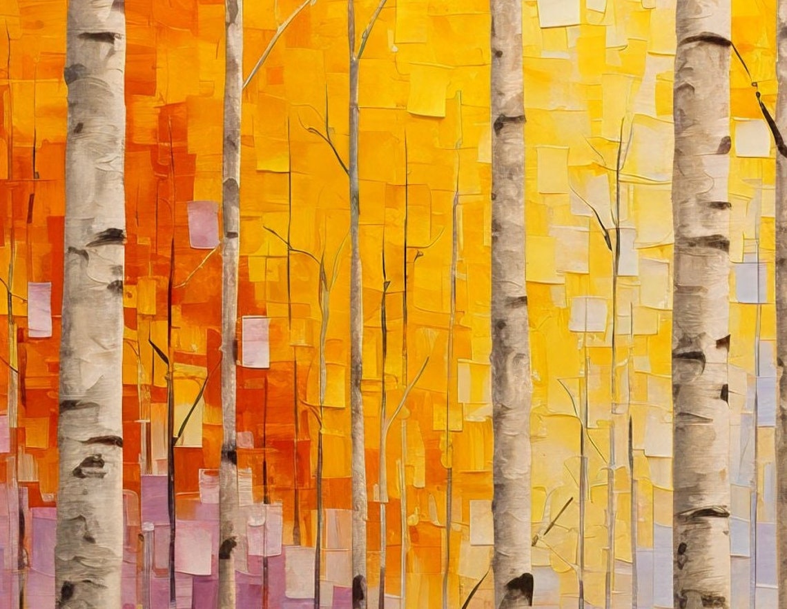 Birch Tree Forest Painting Autumn Orange Purple Mosaic Poster - Image 3
