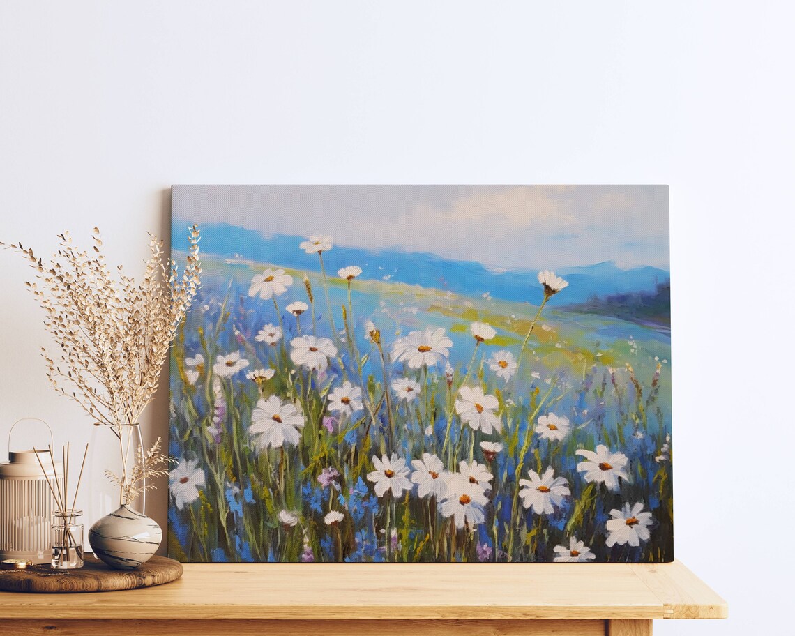 Wildflower Field Painting Blue Hazy Hills Bloom Landscape Poster