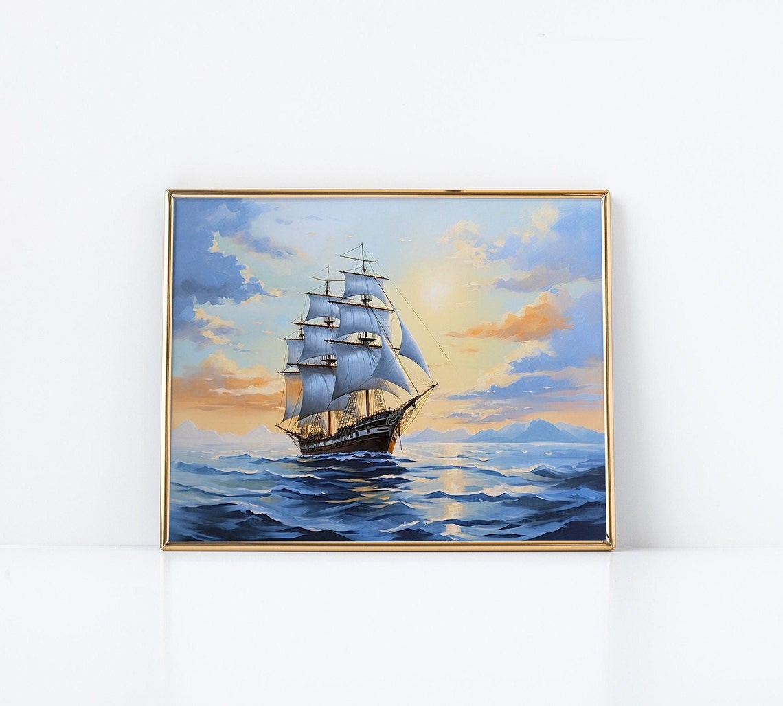 Majestic Tall Ship With Full Sails On Ocean Sunset Seascape Poster - Image 2