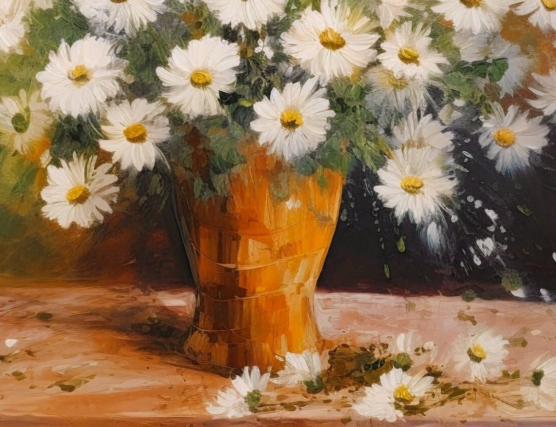 White Daisies Terracotta Vase Warm Rustic Floral Painting Poster - Image 3
