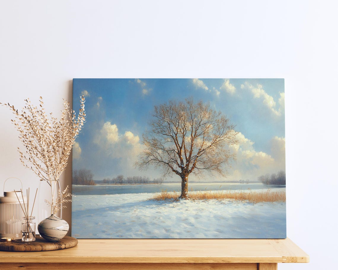 Solitary Tree Winter Lakeside Serene Snow Blue Sky Art Poster - Image 2
