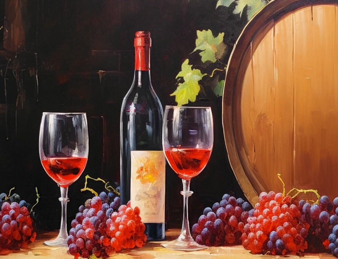 Rustic Wine Still Life With Oak Barrel And Red Wine Glasses Poster - Image 2