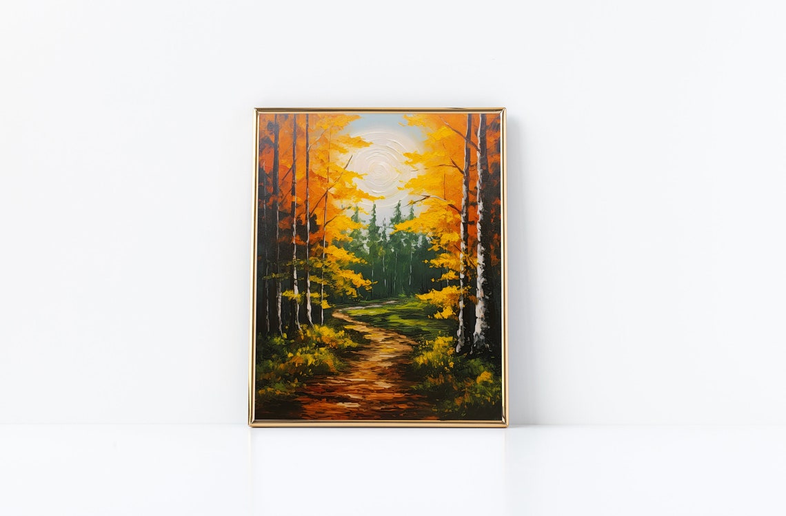 Golden Birch Forest Path Impressionist Autumn Painting Poster - Image 2
