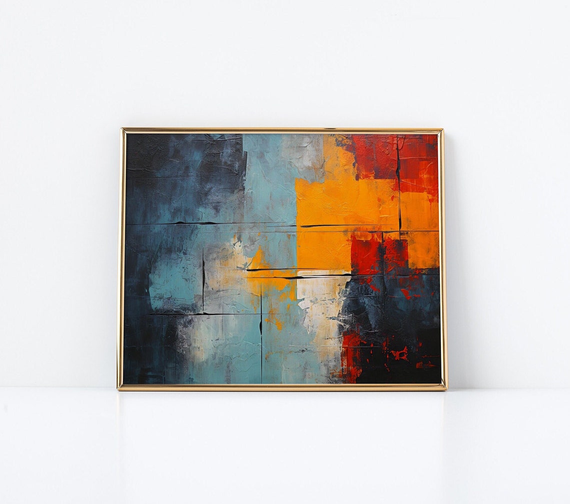Abstract Mosaic Painting Blue and Orange Squares City Poster - Image 2