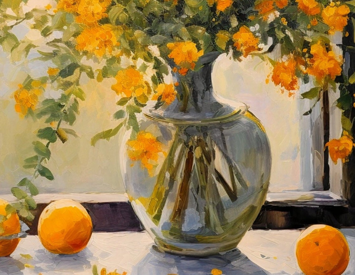 Yellow Blossom Bouquet And Oranges On Sunny Windowsill Art Poster - Image 3