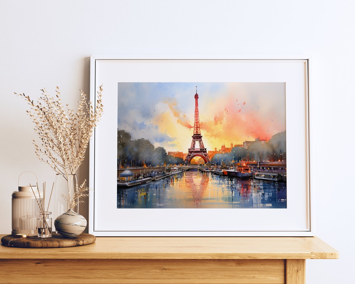 Paris Eiffel Tower Watercolor Cityscape, Romantic