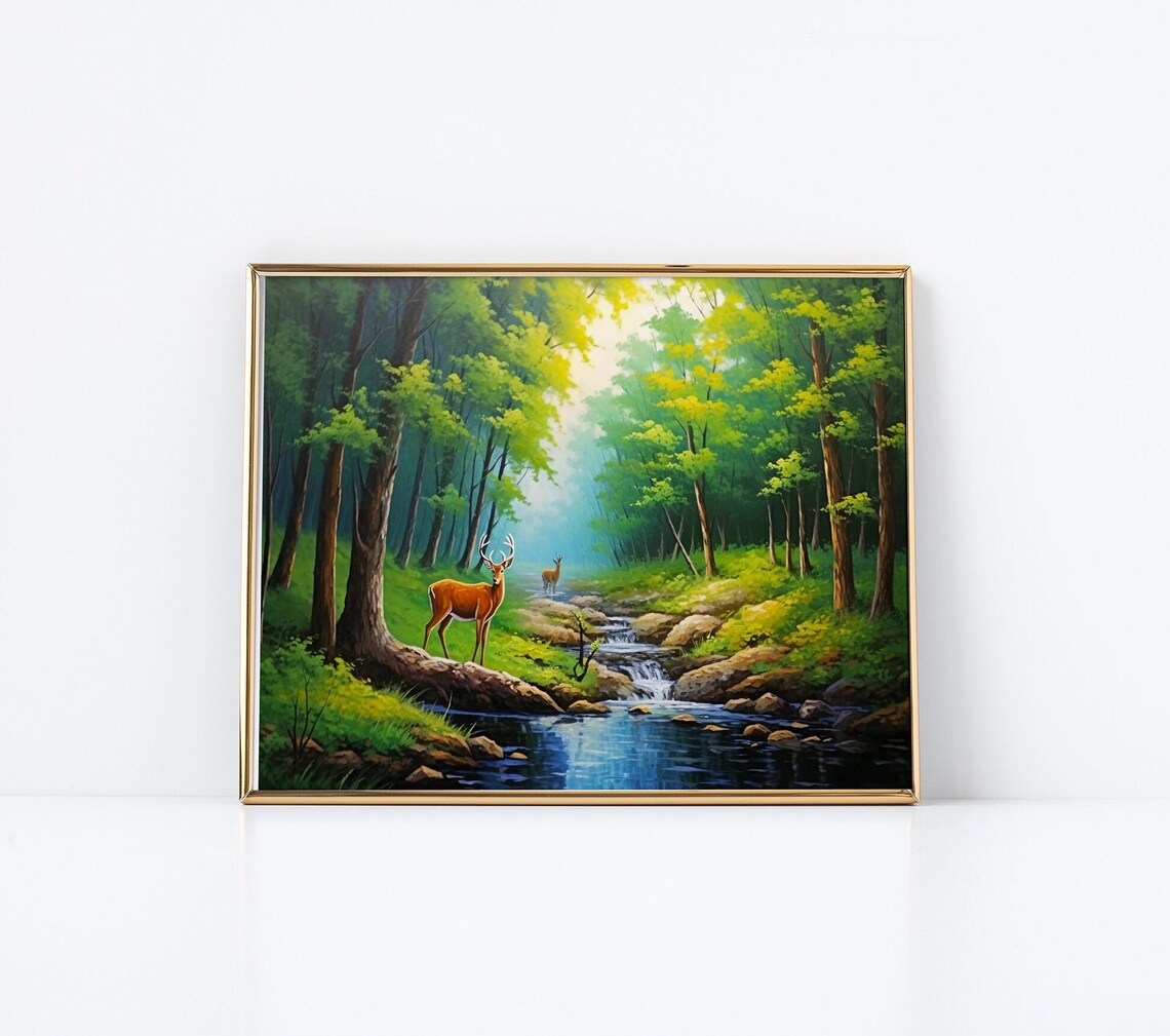 Two Deer By A Forest Stream Sunlit Woodland Wildlife Painting Poster - Image 2
