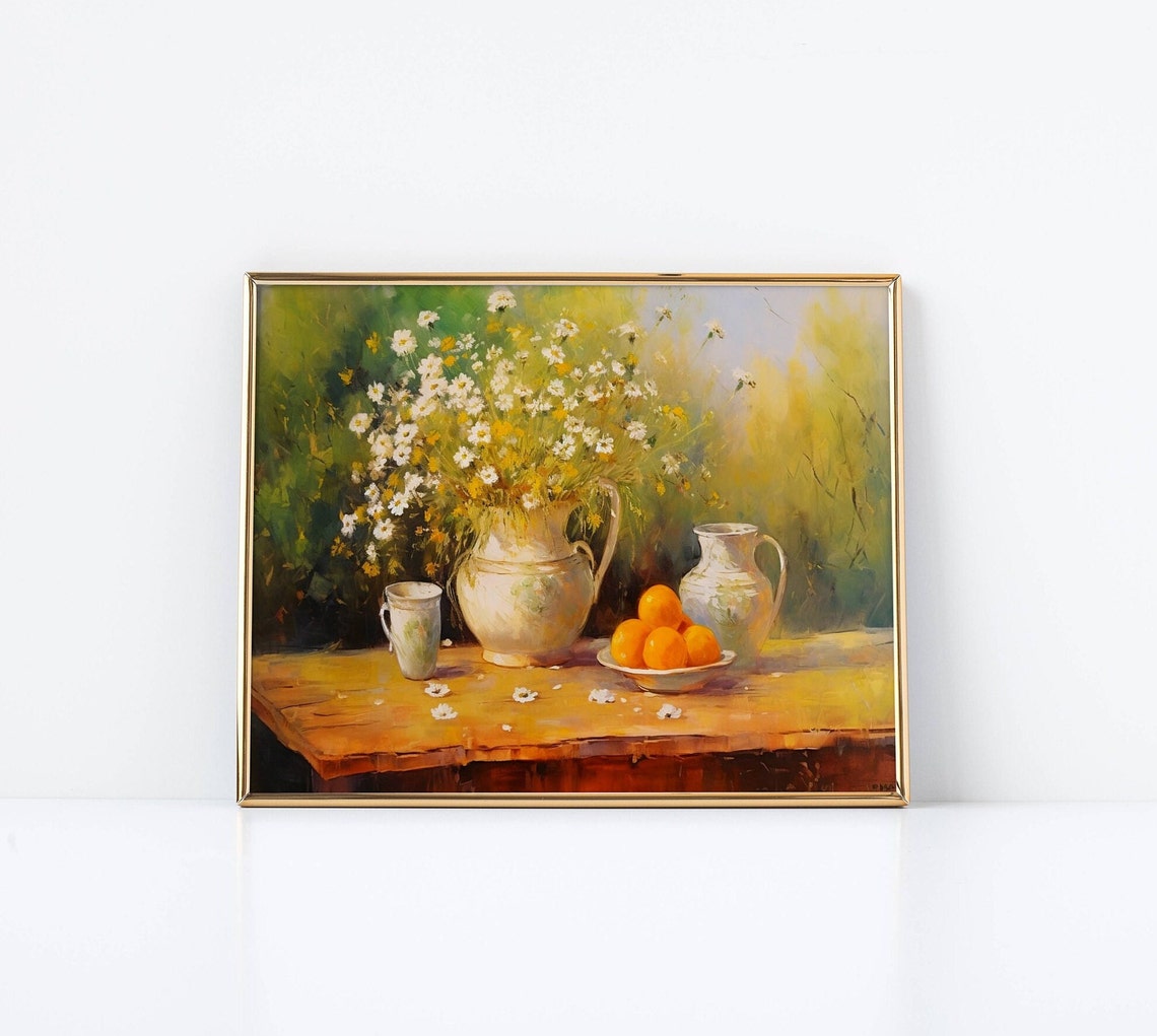 Daisy Pitcher Oranges Table Rustic Still Life Painting Poster - Image 2