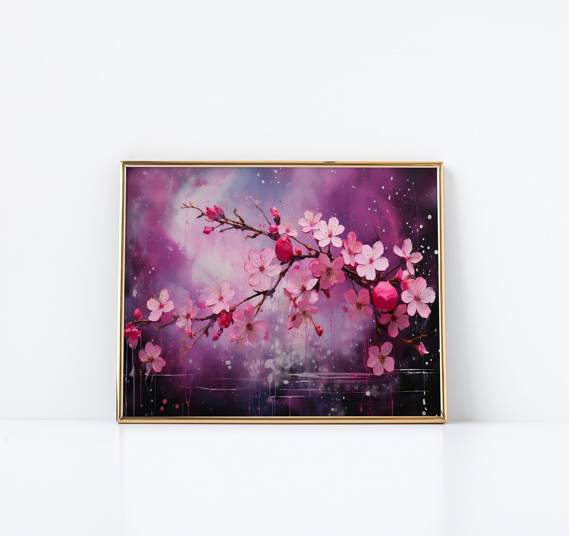 Pink Cherry Blossoms On Dark Magenta Watercolor Floral Art Poster - Image 3