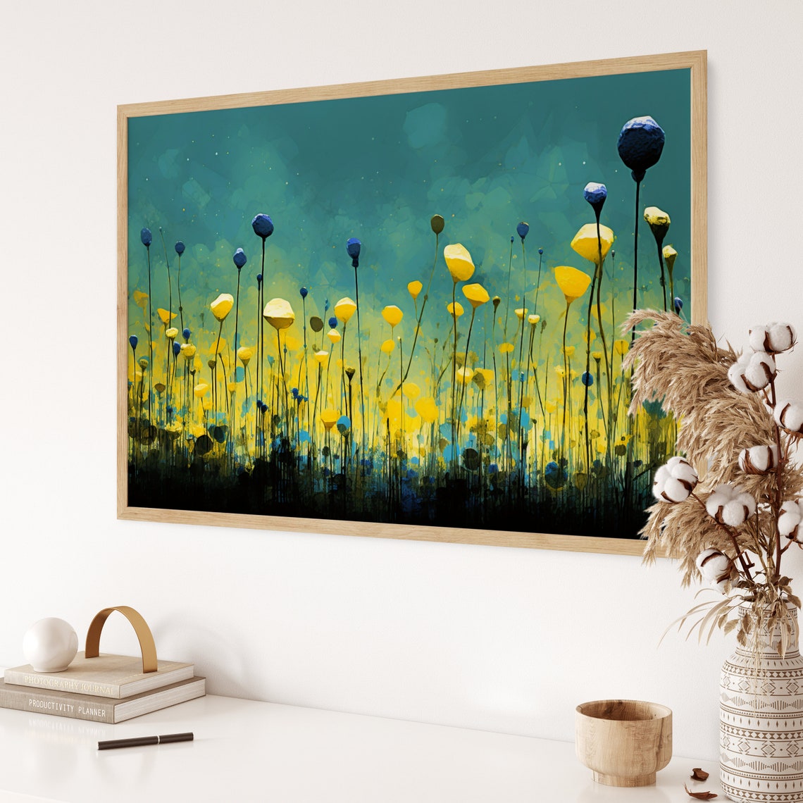 Abstract Wildflower Field Blue Buds Yellow Blooms Teal Sky Art Poster - Image 3