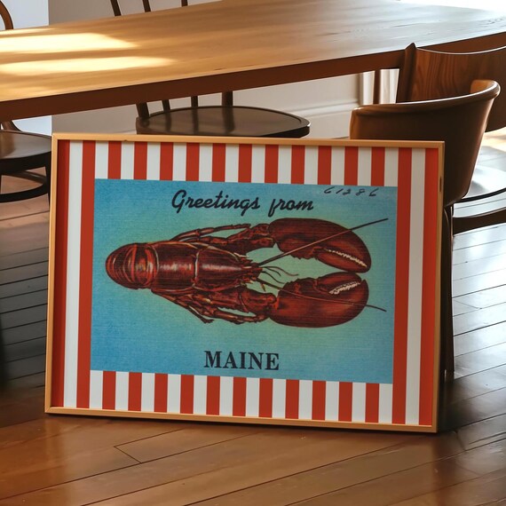 Maine Lobster Print Vintage Blue Red Striped Travel Poster New England Artwork Coastal Portland Me Decor