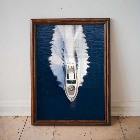Luxury White Yacht Speeding Aerial Ocean Wake Photography Poster