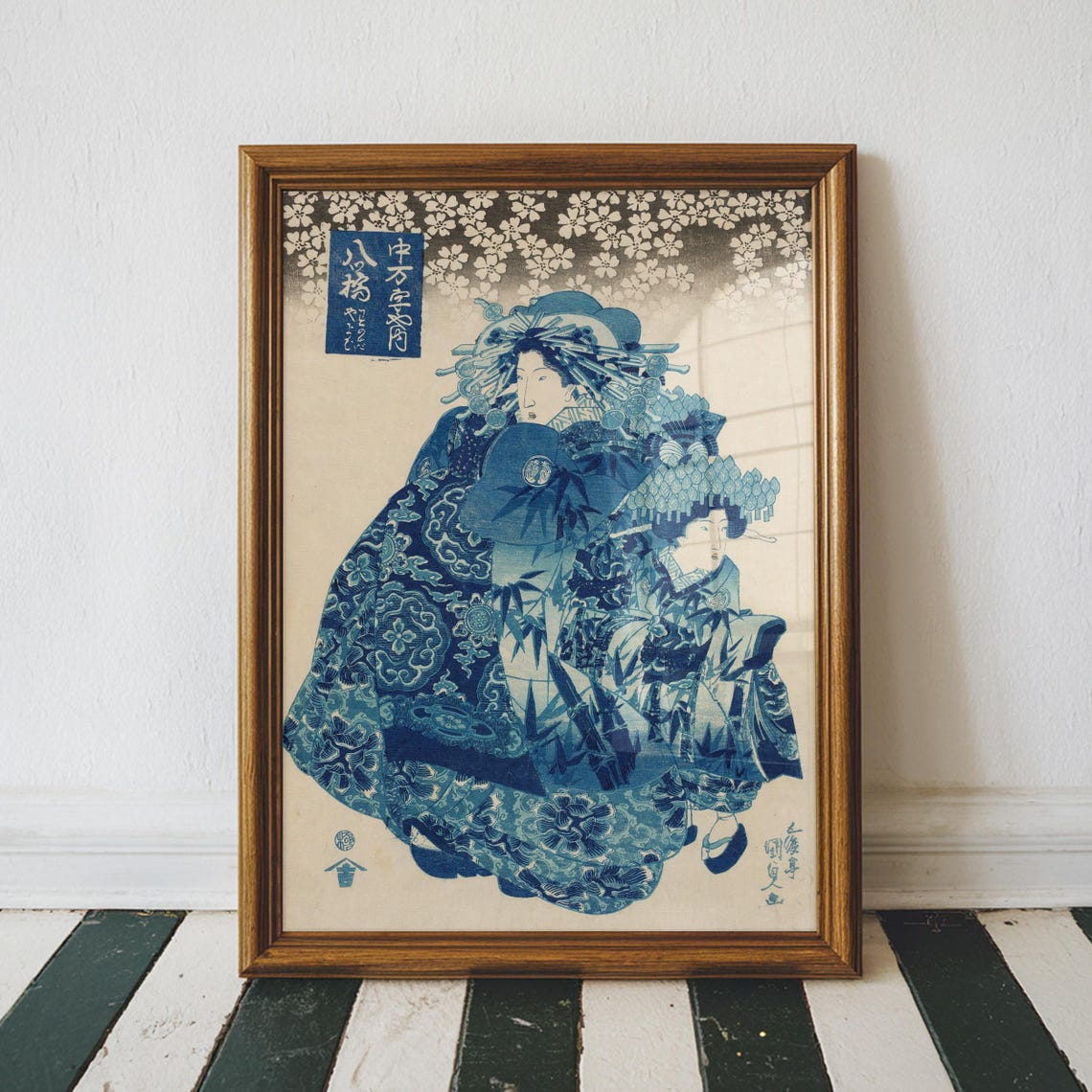 Indigo Blue Japanese Kimono Figures Cherry Blossom Ukiyo-e Poster