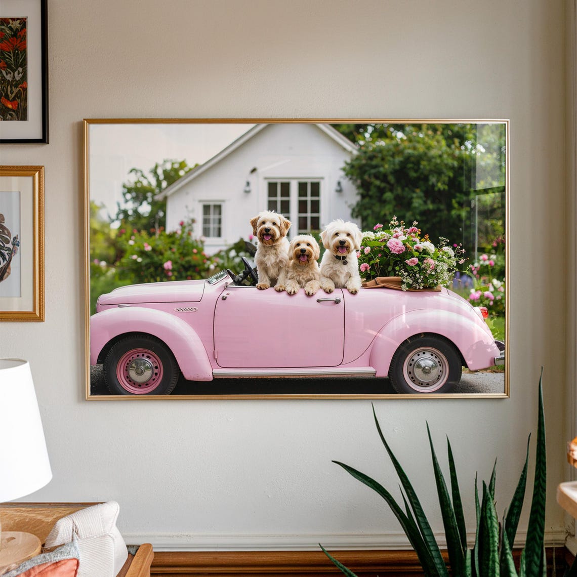 Three Fluffy Dogs in a Pink Vintage Convertible Car Fun Summer Poster