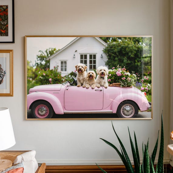 Cute Dog Wall Art Dogs Riding In Pink Car Funny Luxury Photography Print Animal Lover Giftdog Parent
