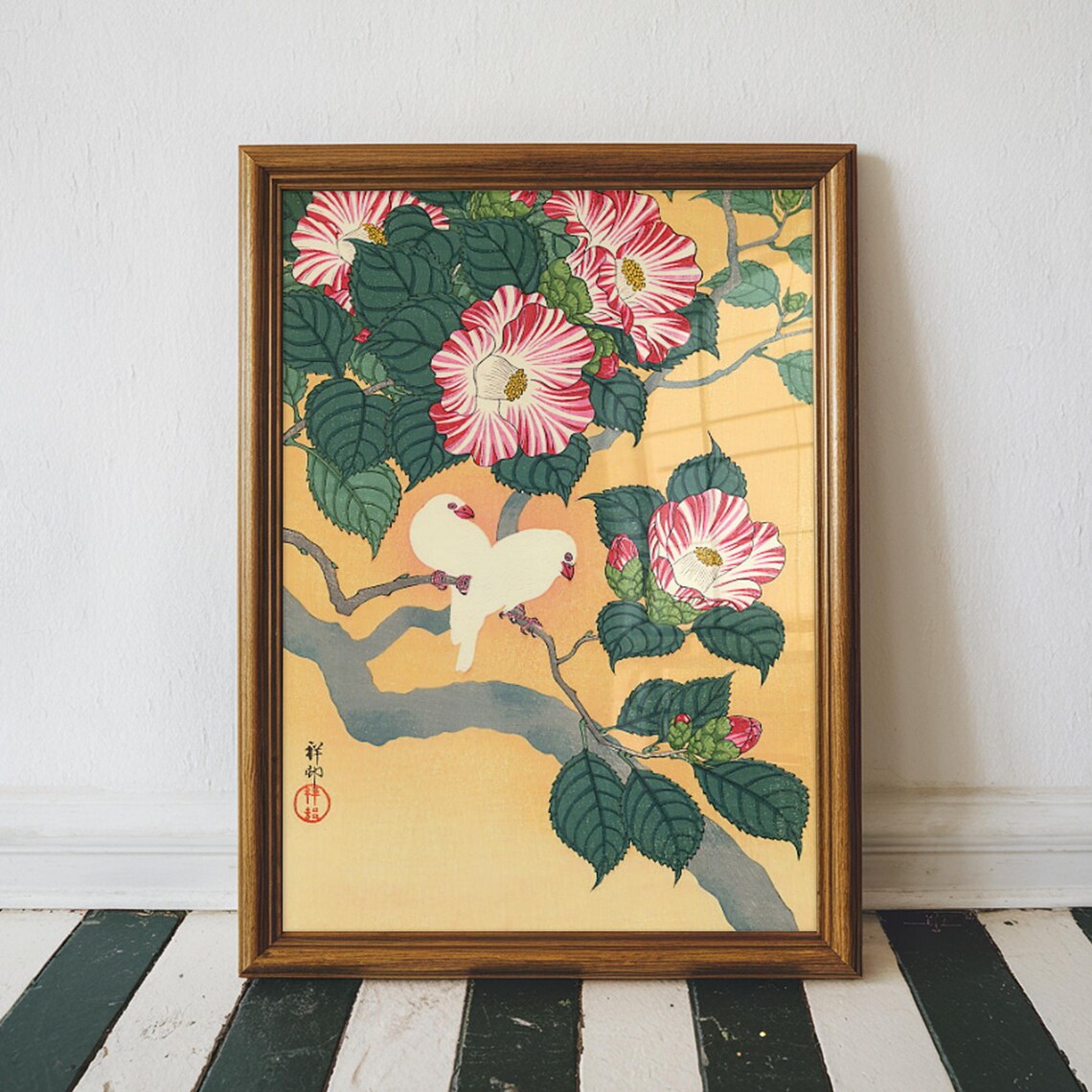 Ohara Koson White Doves Camellia Vintage Japanese Woodblock Print