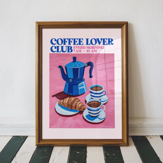 Coffee Lover Club Breakfast Print Croissants Poster Baking Art French Cafe Decor Kitchen Food Gift