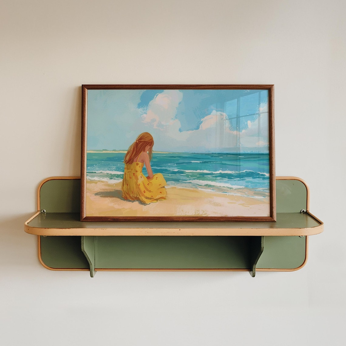 Girl at the Beach Yellow Dress Ocean Waves Summer Coastal Art Poster