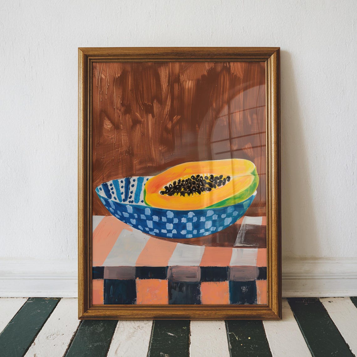 Papaya Still Life Painting with Blue Patterned Bowl Wall Art