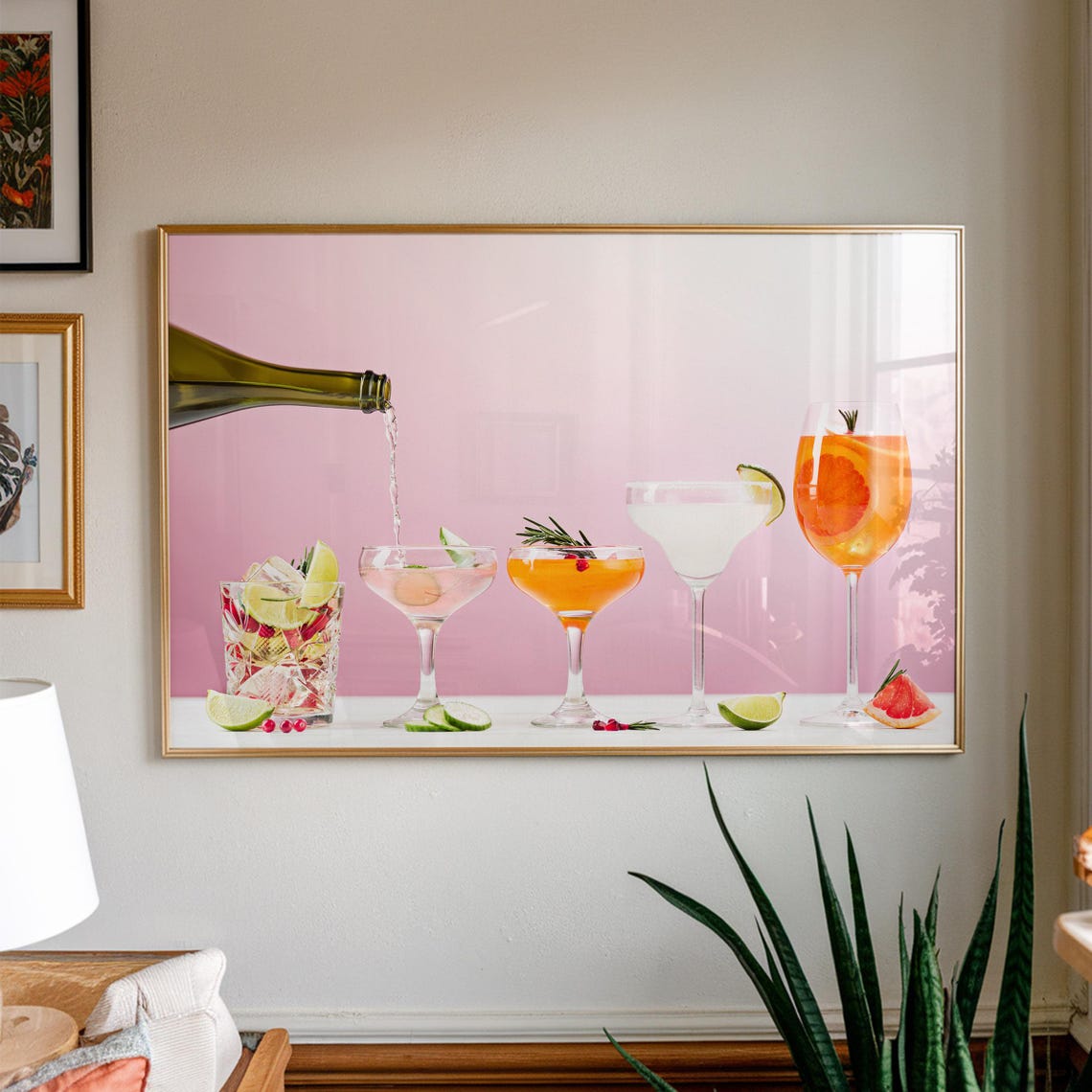 Five Signature Cocktails On Pink Background Modern Bar Photo Poster