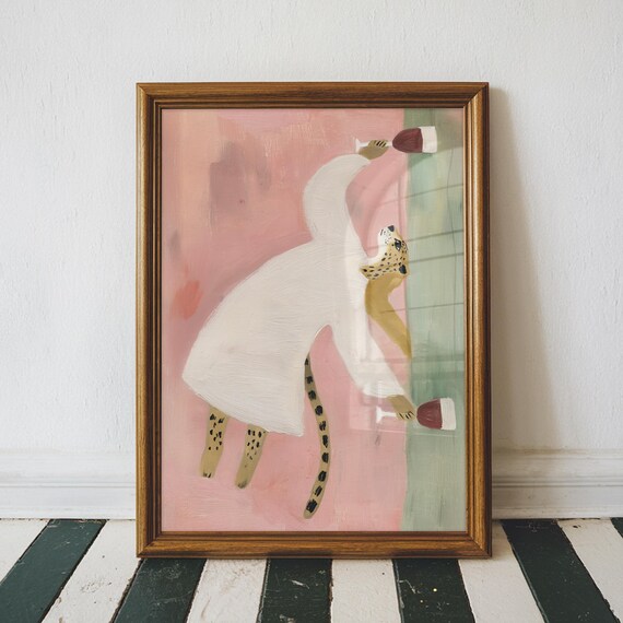 Cheetah Drinking Wine Art Print Funny Whimsical Animal Colorful Home Decor Lover Gift Unframed