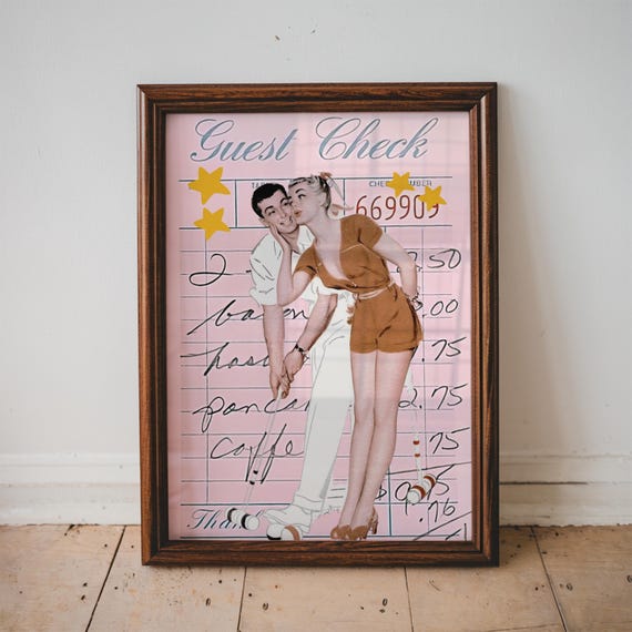 Retro Couple Guest Check Art Print Trendy Decor Apartment Wall Pink Home Funny