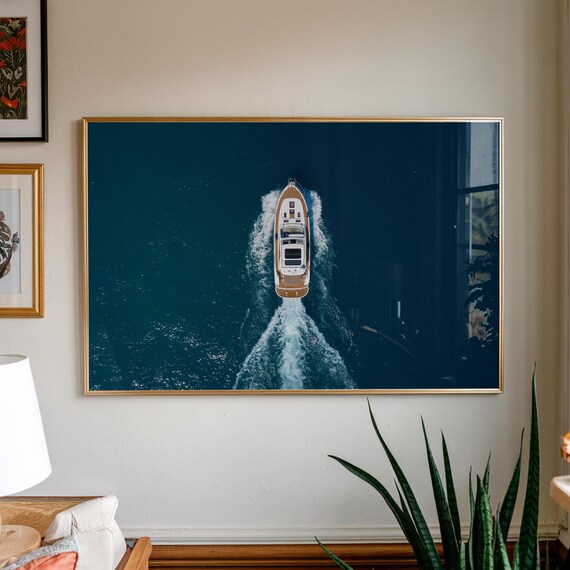 Aerial View Speedboat Deep Blue Ocean Modern Photography Poster