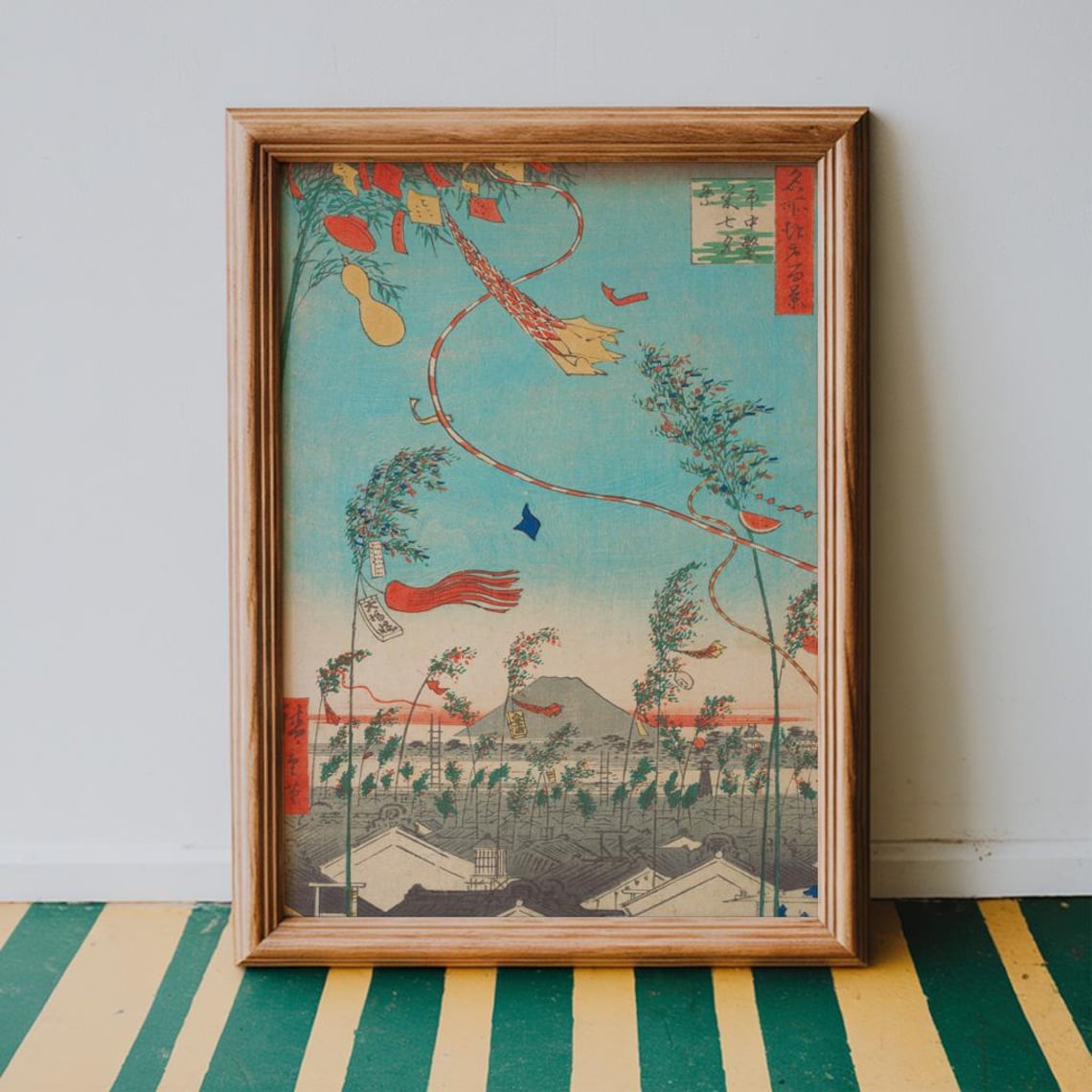 Japanese Tanabata Festival Woodblock Poster with Mount Fuji Scene