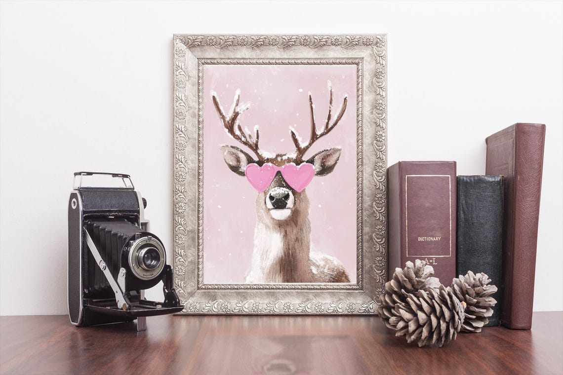 Snowy Deer Wearing Pink Heart Sunglasses Christmas Decor Poster - Image 3