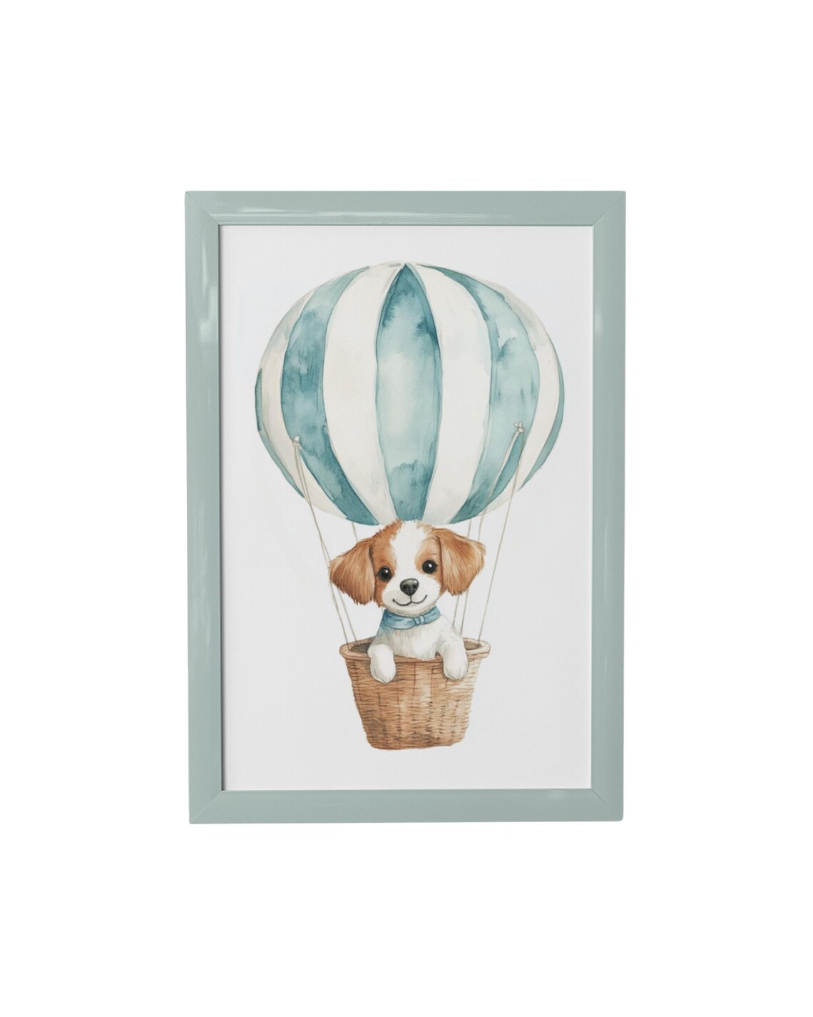 Cute Puppy Floating in Teal Hot Air Balloon Watercolor Nursery Poster