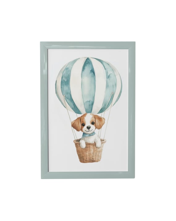 Cute Puppy Floating in Teal Hot Air Balloon Watercolor Nursery Poster