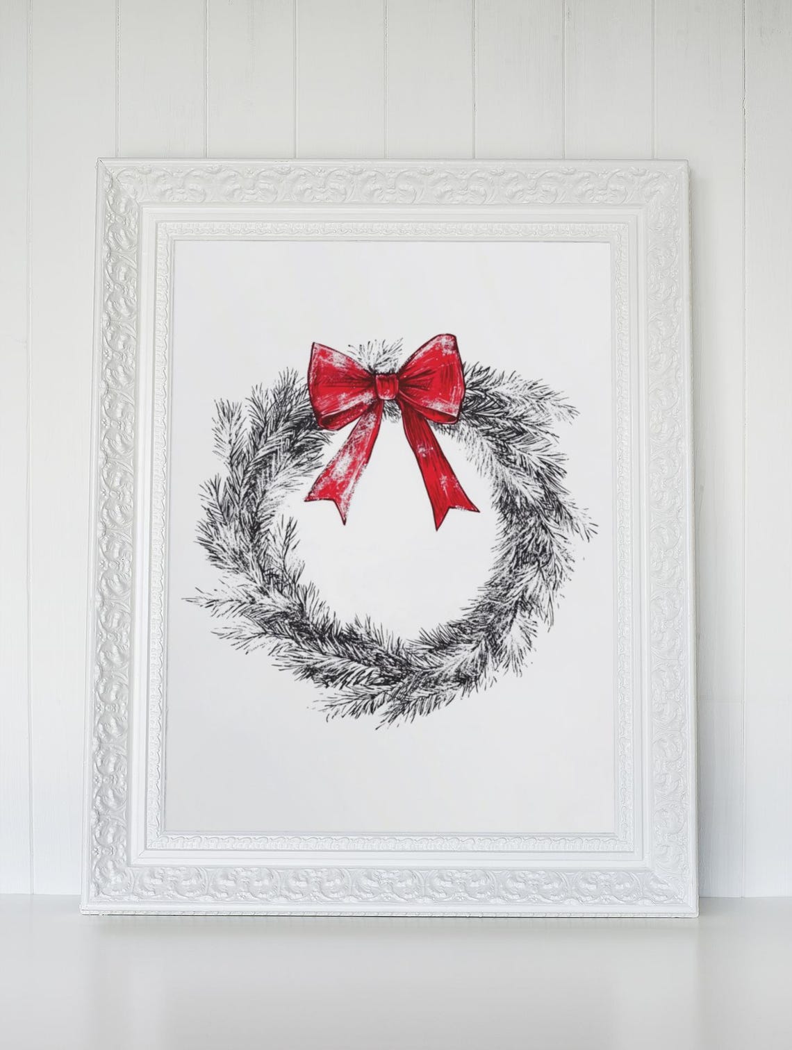 Monochrome Pine Wreath Sketch With Vivid Red Bow Holiday Art Poster