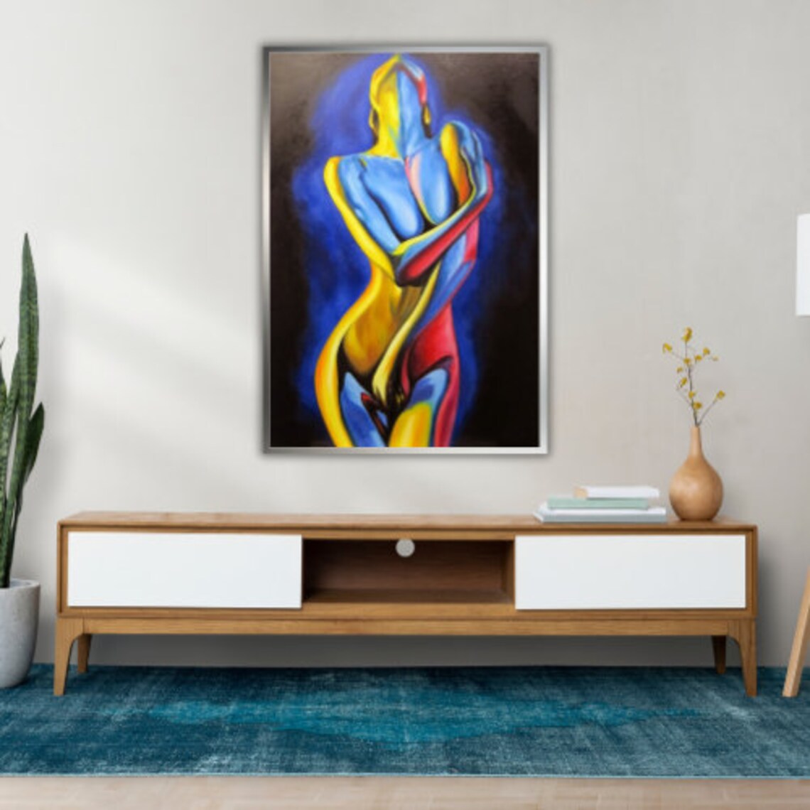 Colorful Abstract Nude Female Figure Blue Yellow Red Expressive Art Print - Image 3