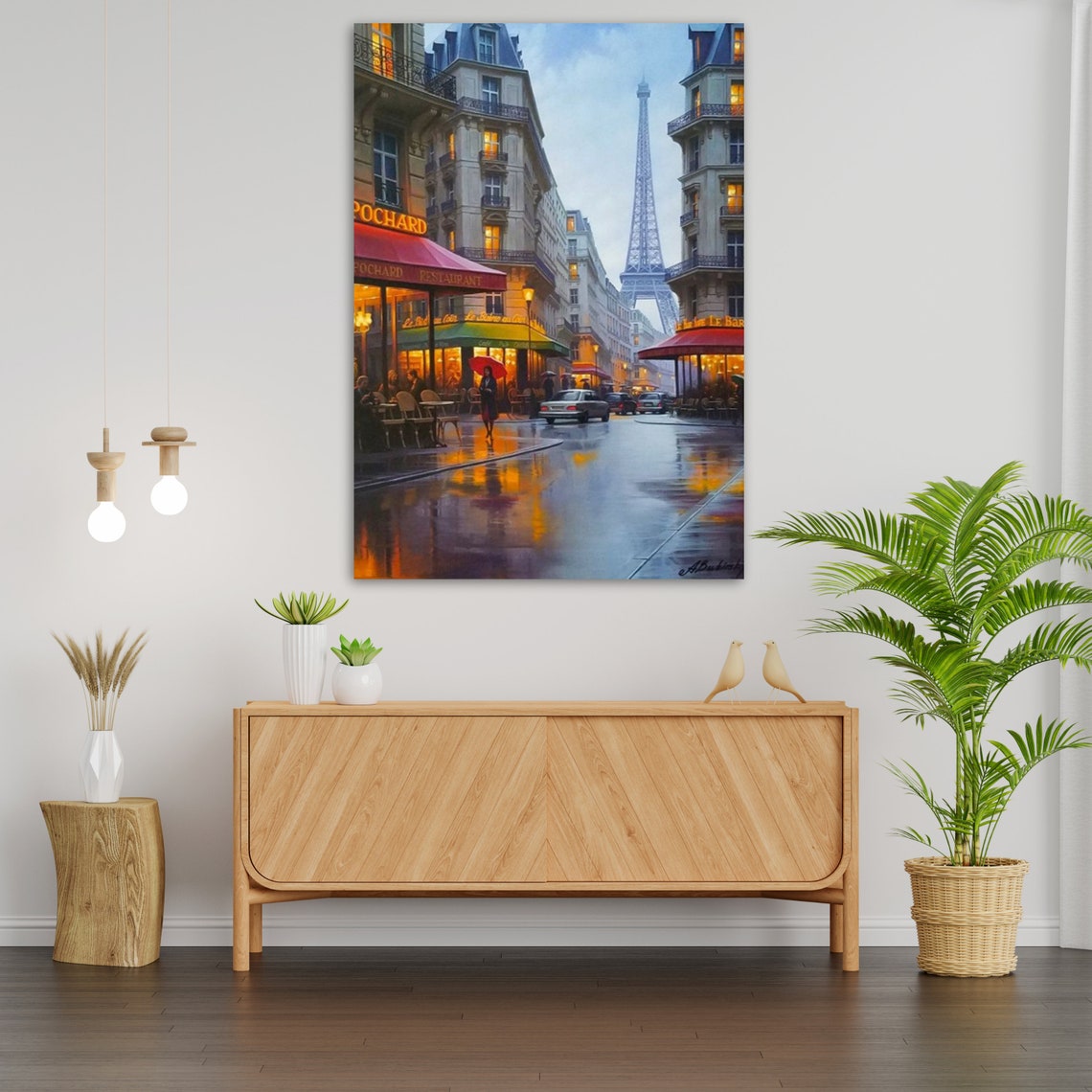 Rainy Paris Street Eiffel Tower Evening Cafe Scene Oil Painting Poster - Image 3