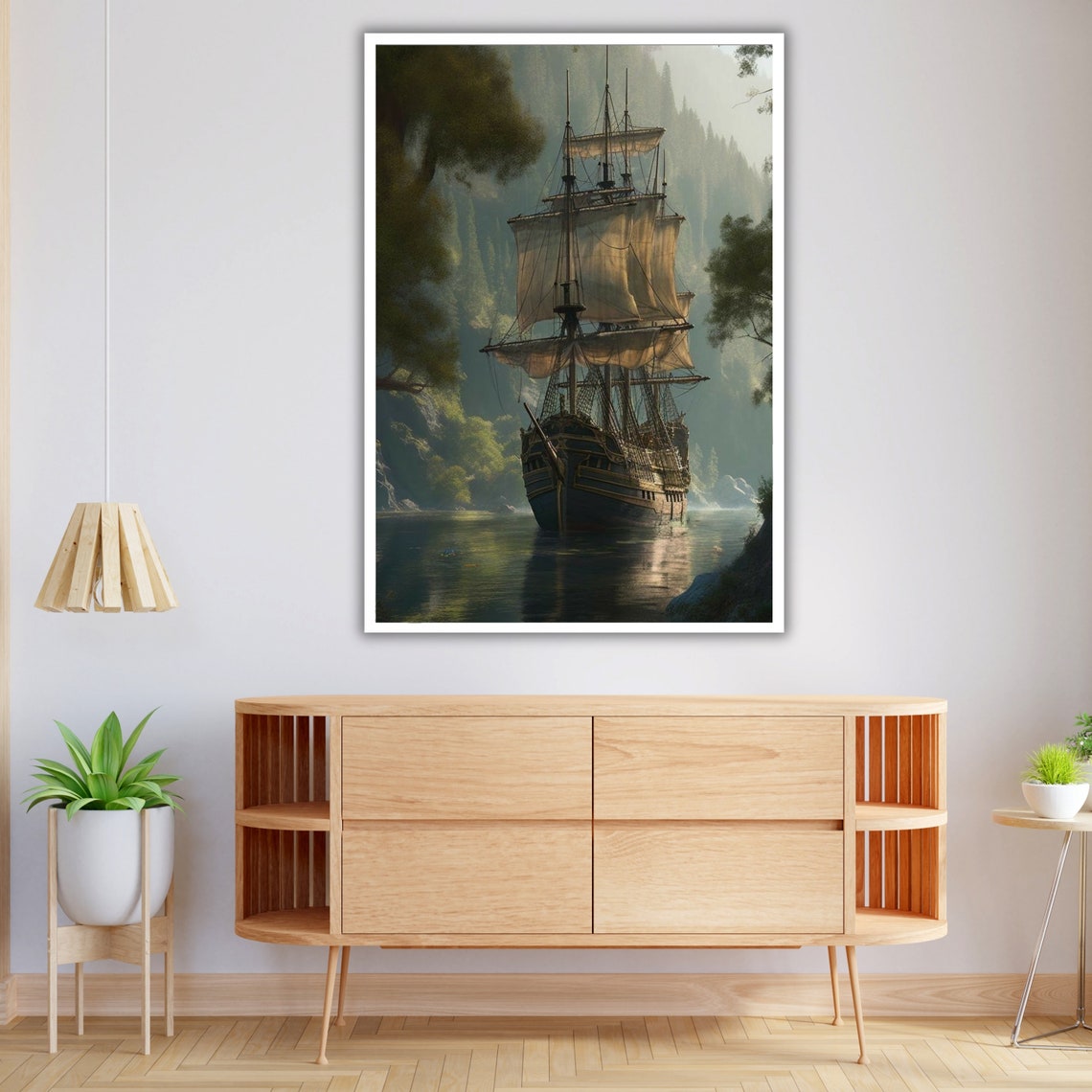 Majestic Tall Ship Sailing Through Misty Forest River Nautical Poster - Image 4
