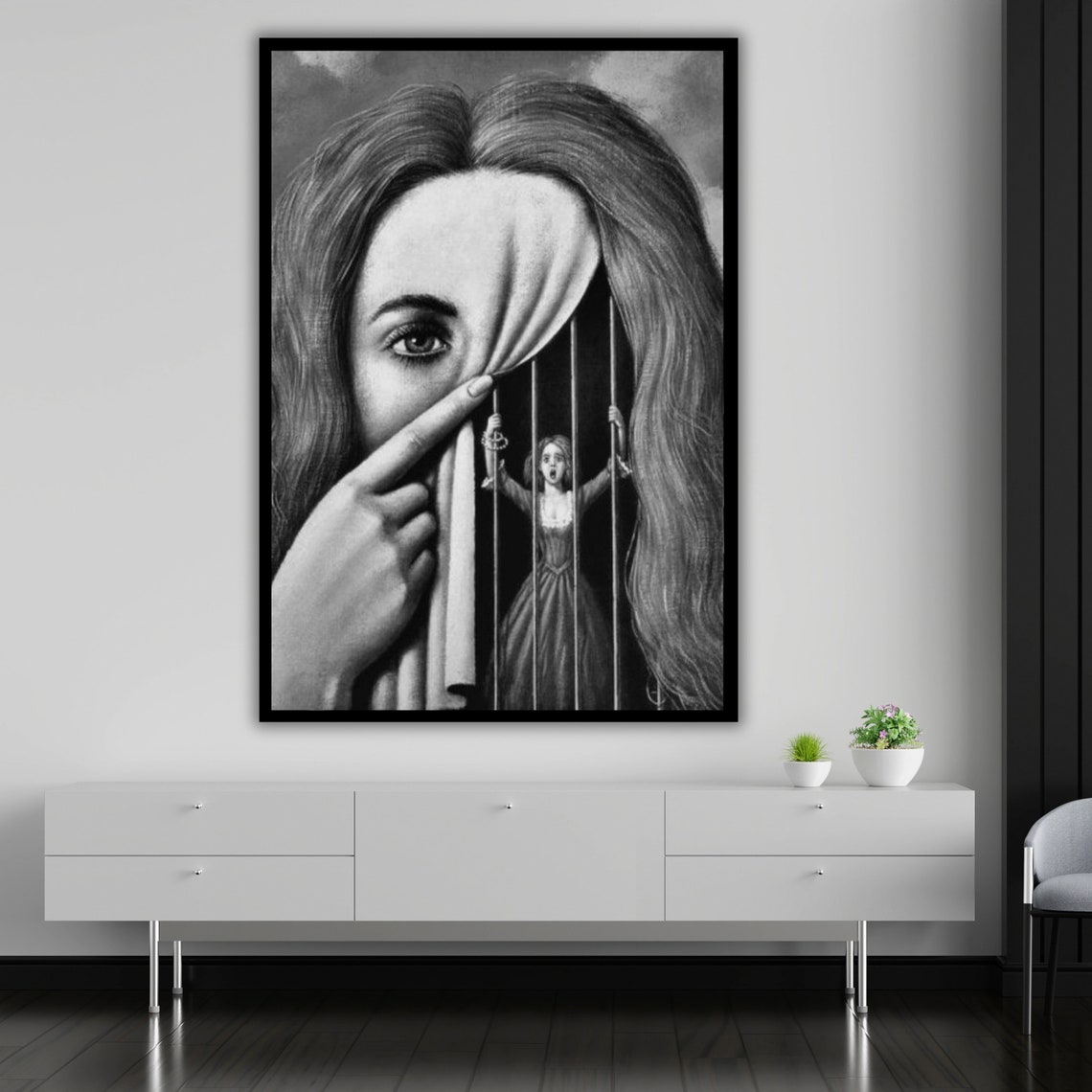 Surreal Woman Face Hiding A Tiny Prisoner Behind A Dark Curtain Poster - Image 5