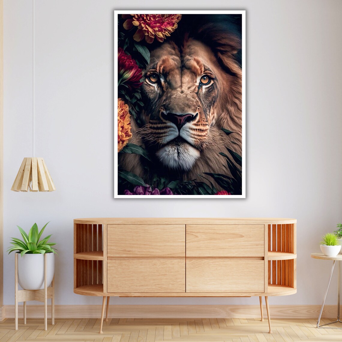 Majestic Lion Face Floral Crown Dramatic Dark Wildlife Portrait Art Print - Image 3