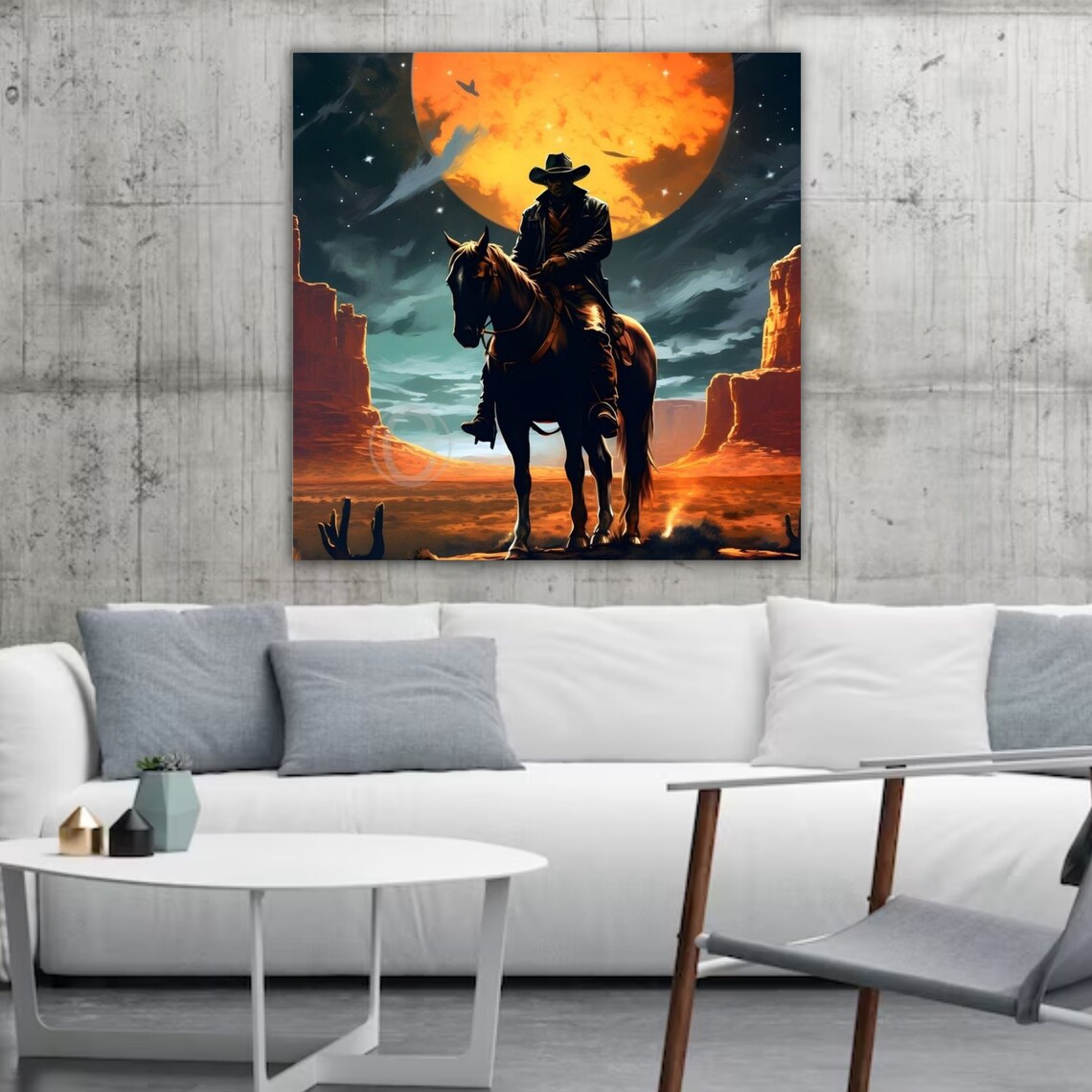 Cowboy Horse Silhouette Giant Orange Moon Desert Canyon Wall Art - Image 5