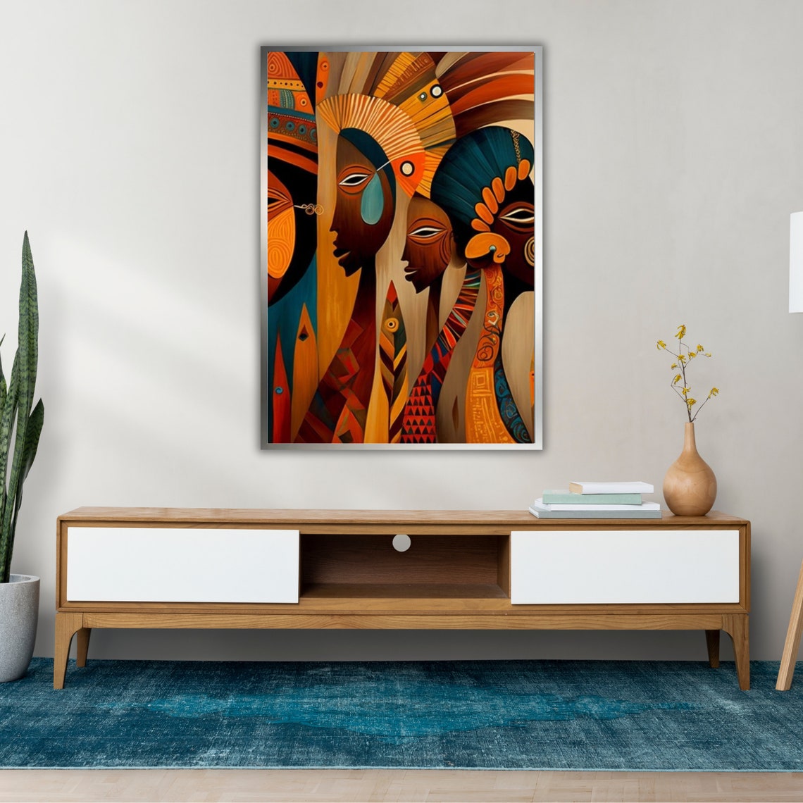 African Tribal Faces Headdresses Orange Teal Geometric Art Print - Image 2
